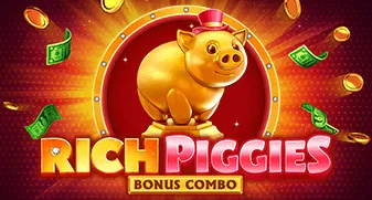 A playful and whimsical image of the game 'Rich Piggies Bonus Combo', showcasing the adorable and wealthy pigs as the main characters.